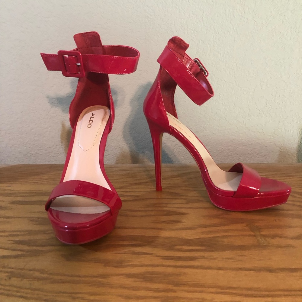 Aldo Red Patent Platform Ankle-Strap Stilettos